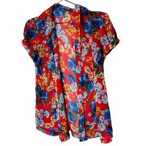 EUC ANGL Red Sheer Floral Button Down Small